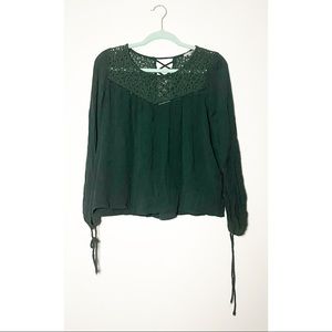 3/$30 Dark Green Crochet Yoke Lattice-Trim Blouse